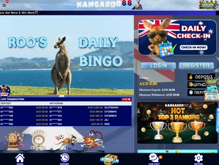 Kangaroo 88 online casino lobby interface showing game categories and login prompt